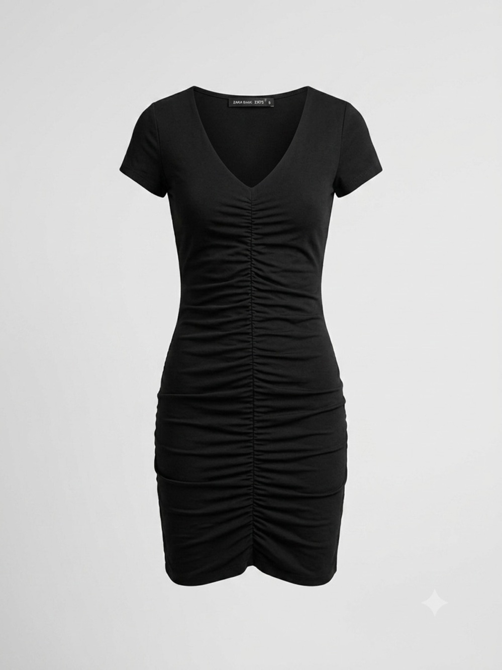 Zara Black Ruched Front V-Neck Bodycon Mini Dress Sz  Small Short Sleeve